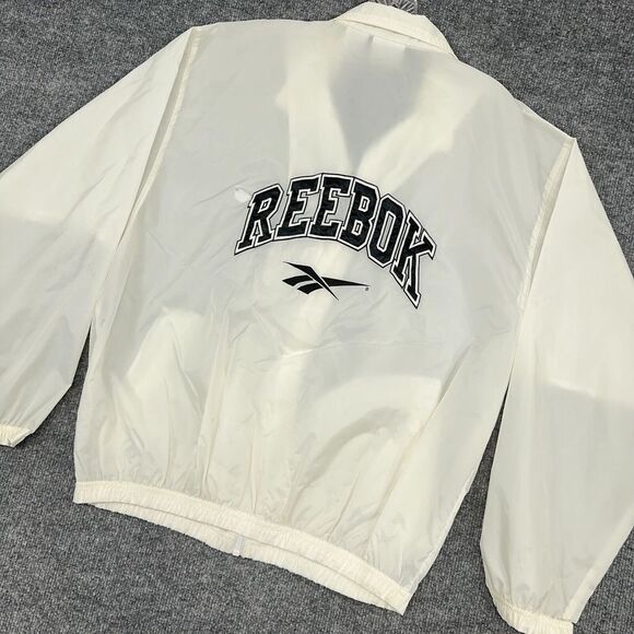 Vintage Reebok Windbreaker Jacket Mens S White Full Zip Nylon Big Logo Track 90s - Picture 1 of 10
